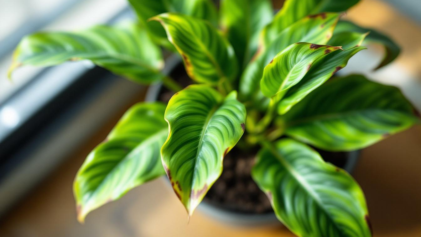 Bij een luchtvochtigheid onder 40% krijgt je Calathea binnen 14 dagen bruine bladpunten