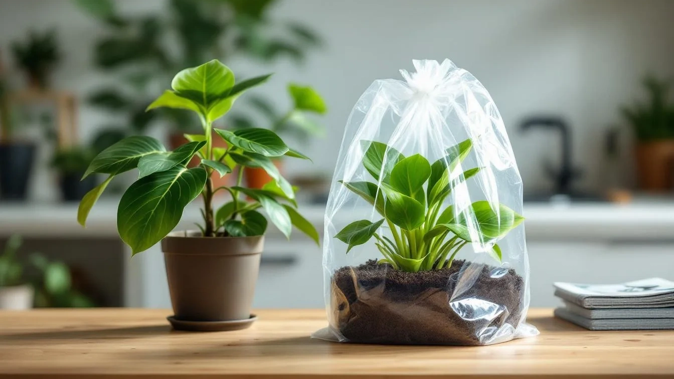 Een plastic zak over je plant creëert een minikas die het vocht vasthoudt