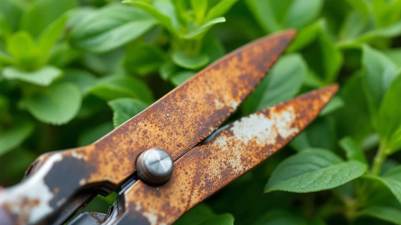 Een roestige snoeischaar verspreidt plantenziektes bij elke knip