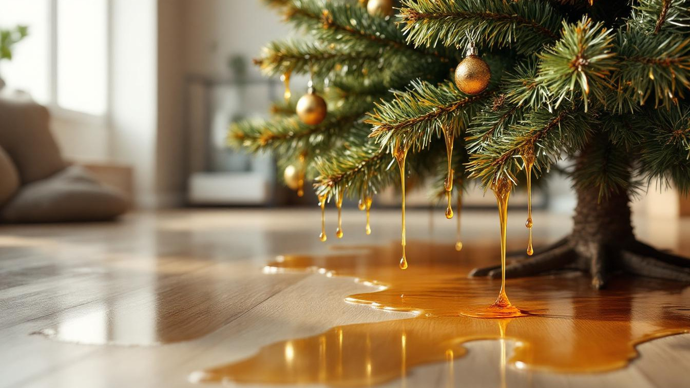 Hars van een stervende kerstboom kan permanente vlekken achterlaten op je vloer