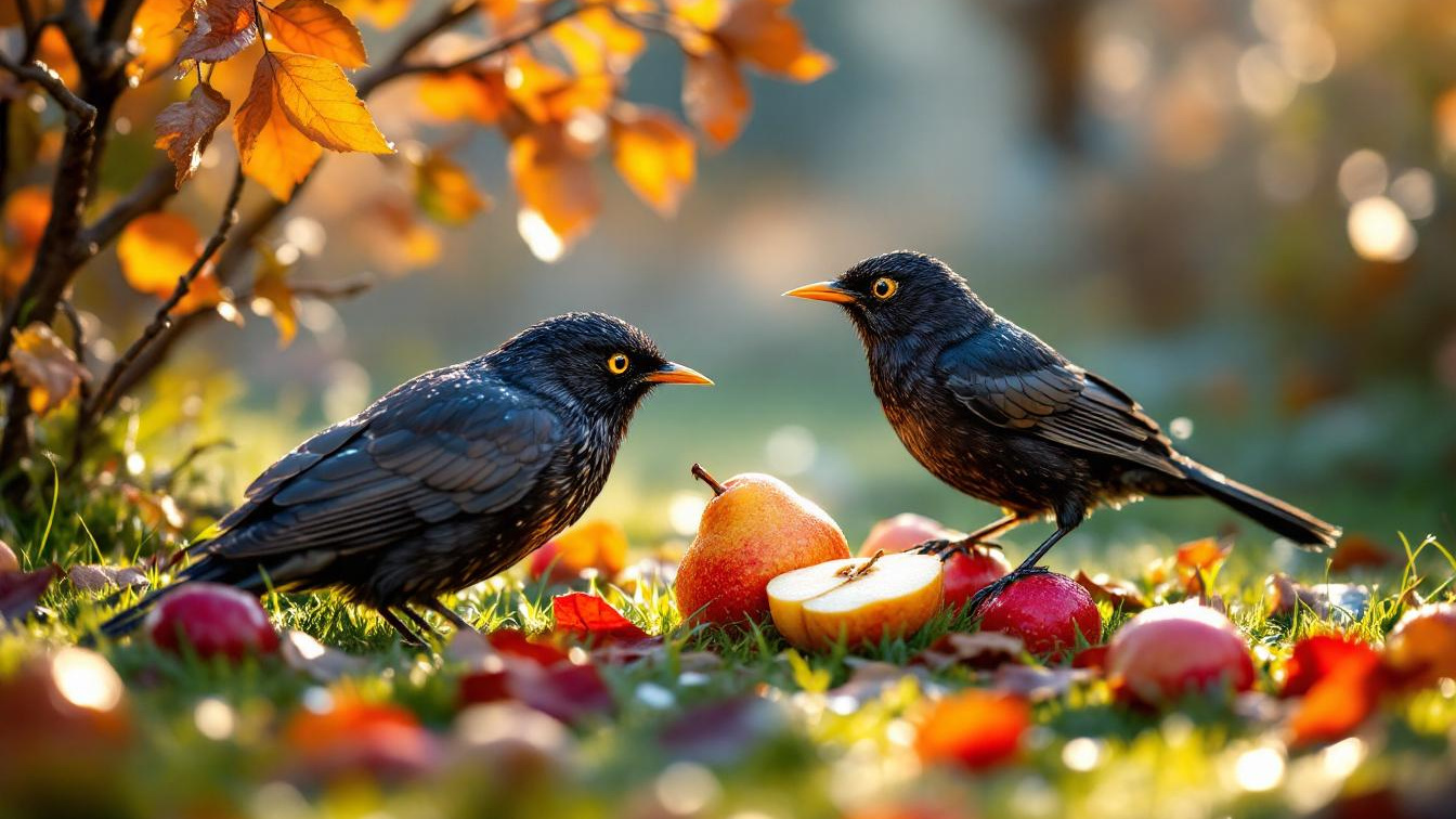 Je moet nu stoppen met het weggooien van afgevallen fruit want merels hebben het hard nodig