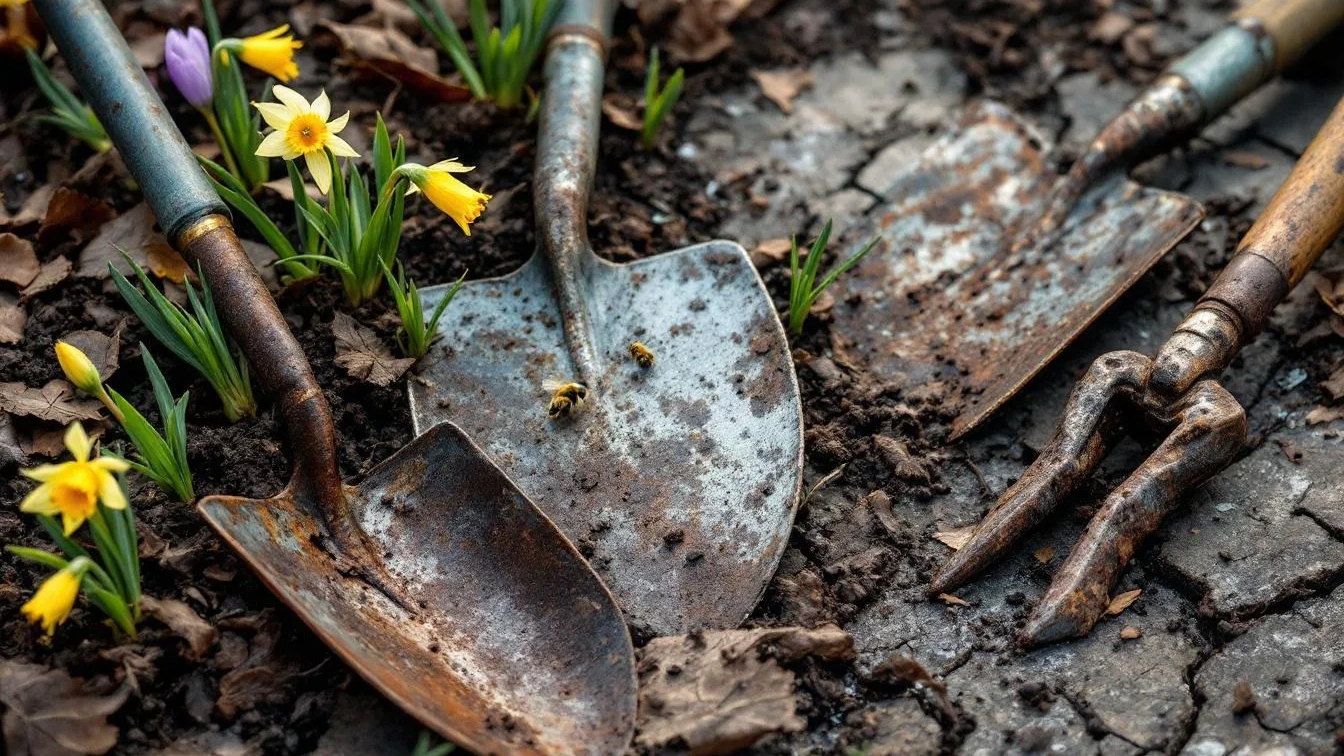 Tuingereedschap dat nu buiten ligt is tegen het voorjaar onbruikbaar